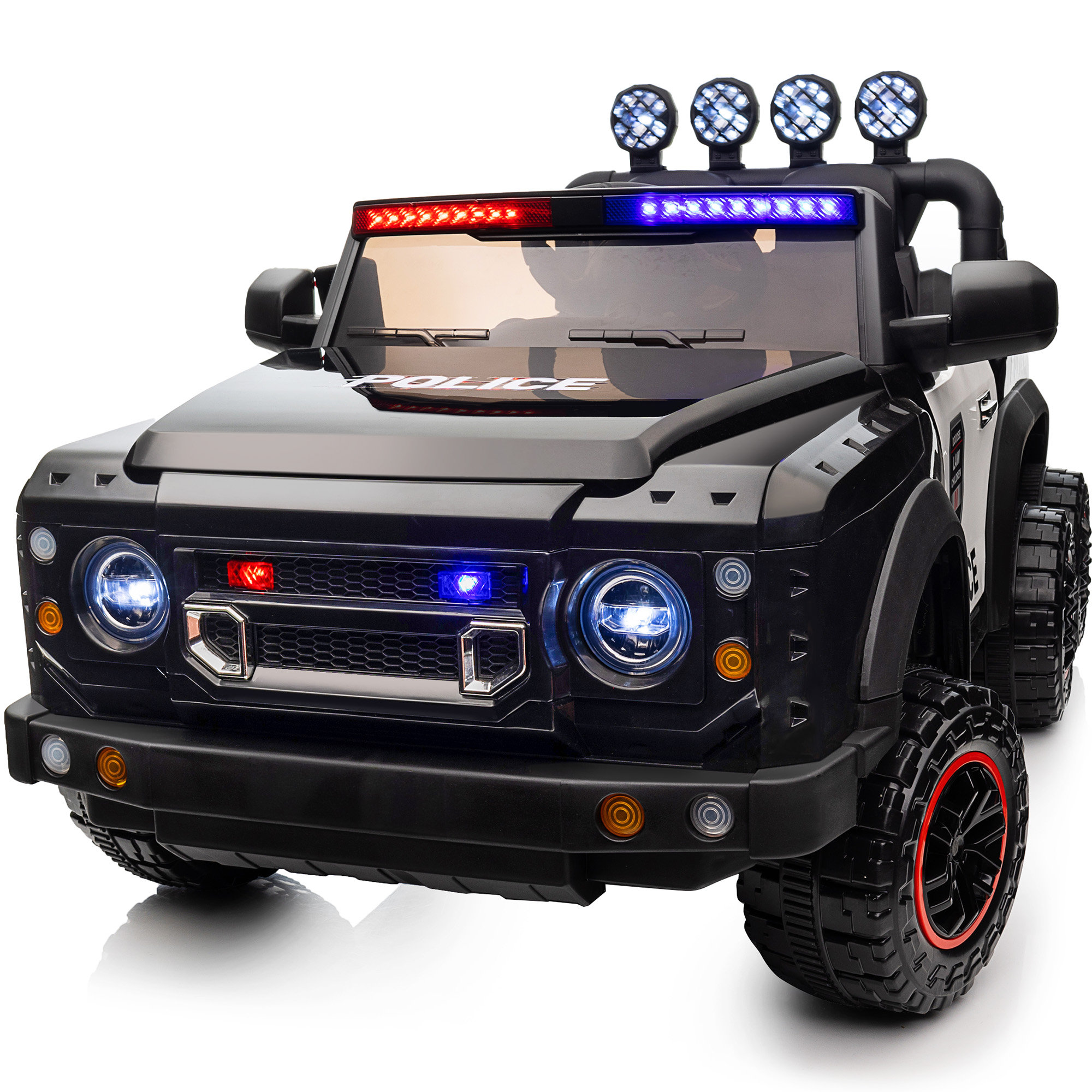 24V 4WD Ride On Police Car Kids Ride On Toy Truck with Remote Megaphone Outfunny Color Black